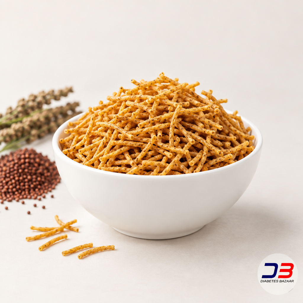 Ragi Sev served in a bowl, minimal high-end styling with Diabetes Bazaar logo