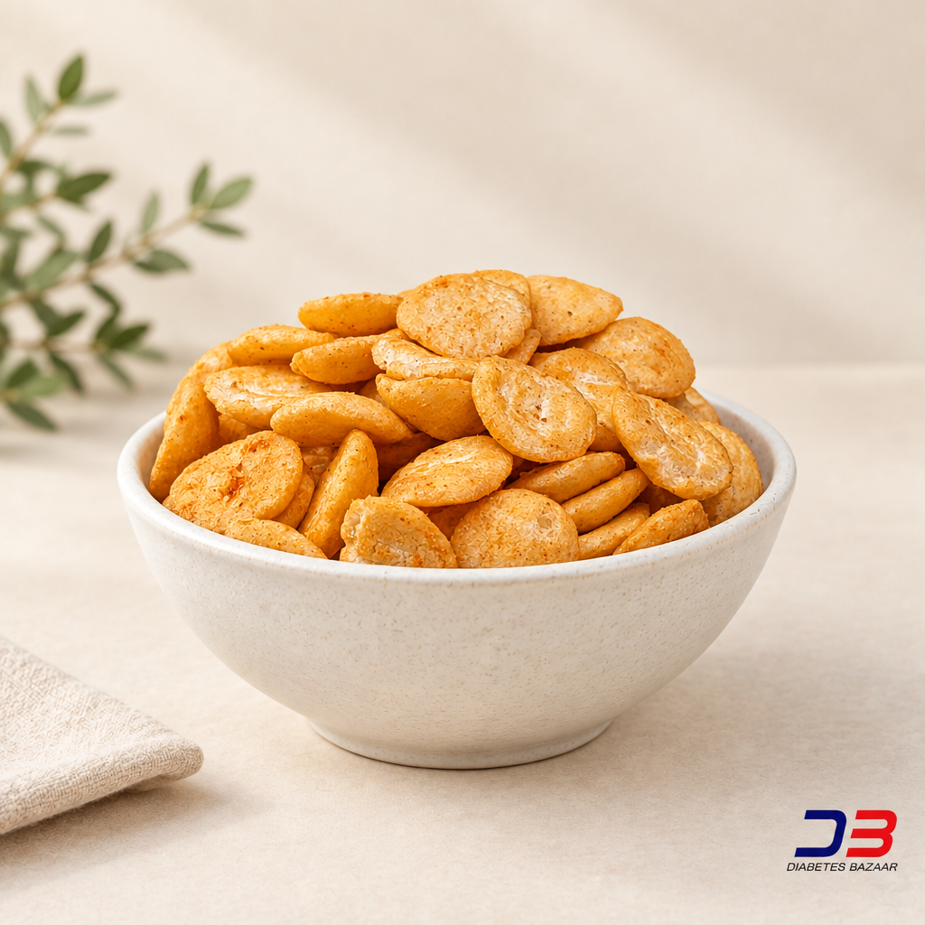 Roasted makai flakes in a cream ceramic bowl with Diabetes Bazaar logo