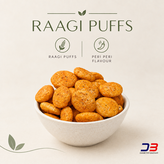 Raagi Puffs product graphic with peri peri flavour and Diabetes Bazaar logo