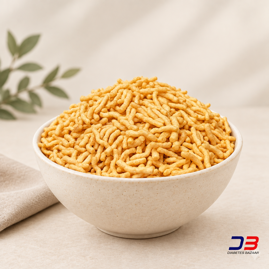 Golden besan sev in a cream ceramic bowl with Diabetes Bazaar logo