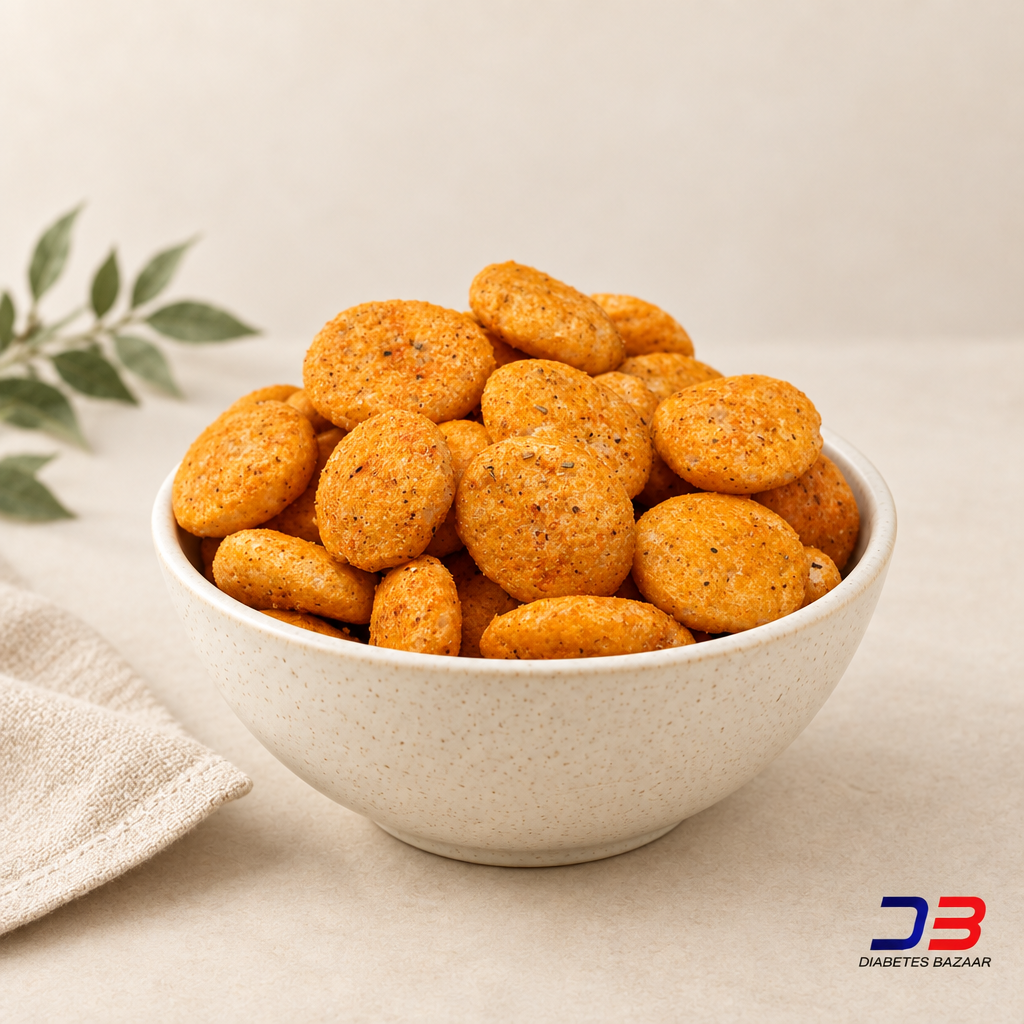 Peri peri ragi puffs in a cream ceramic bowl with Diabetes Bazaar logo