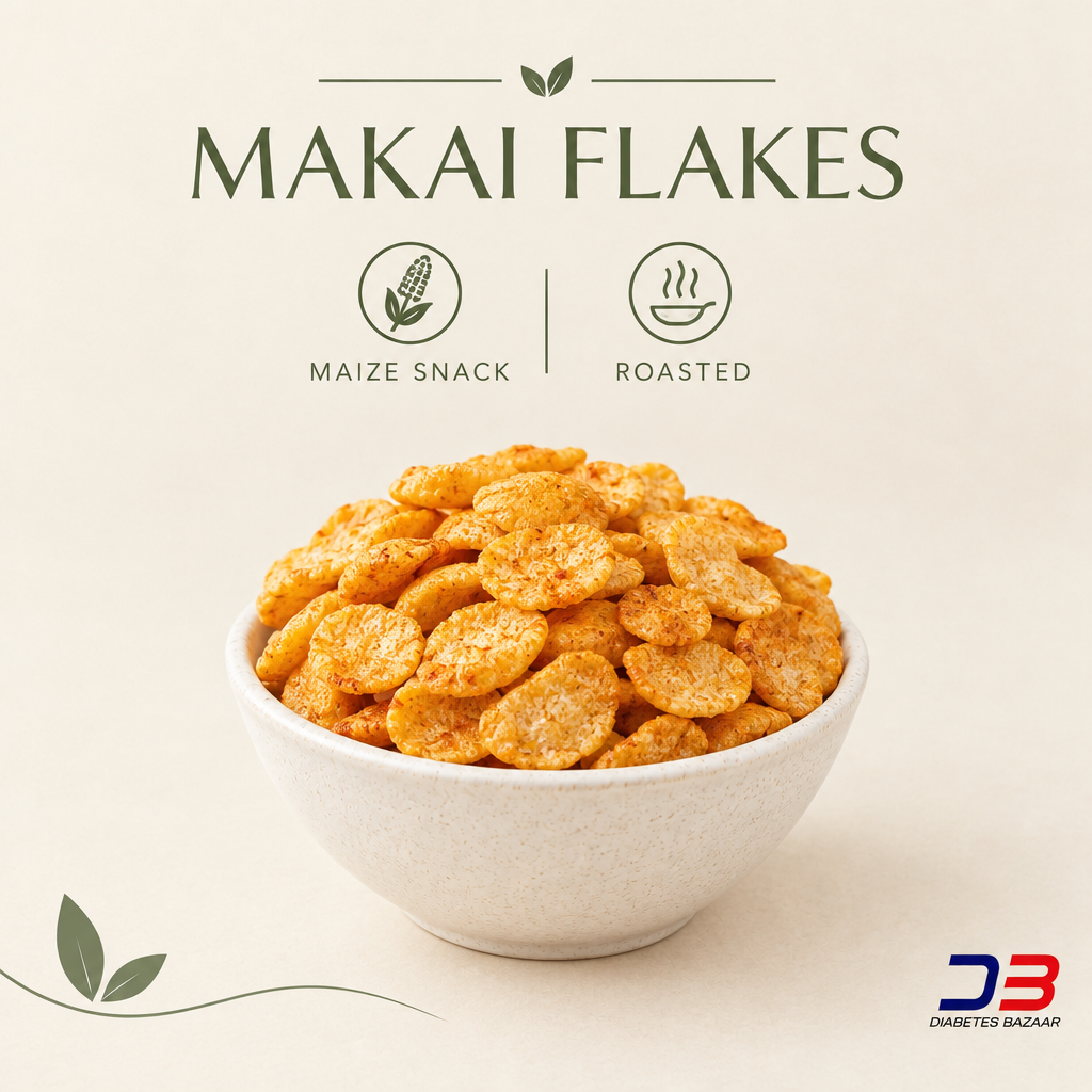 Makai Flakes product details graphic showing maize snack and roasted preparation with Diabetes Bazaar logo
