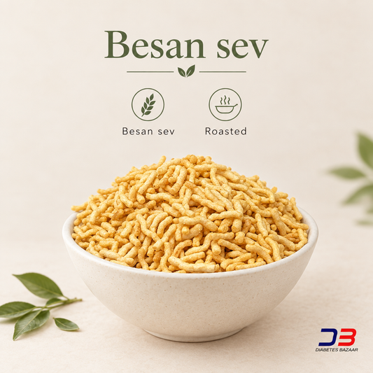 Besan sev details graphic showing roasted preparation with Diabetes Bazaar logo