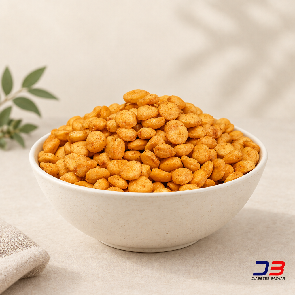 Roasted Chanadal in a cream ceramic bowl with Diabetes Bazaar logo